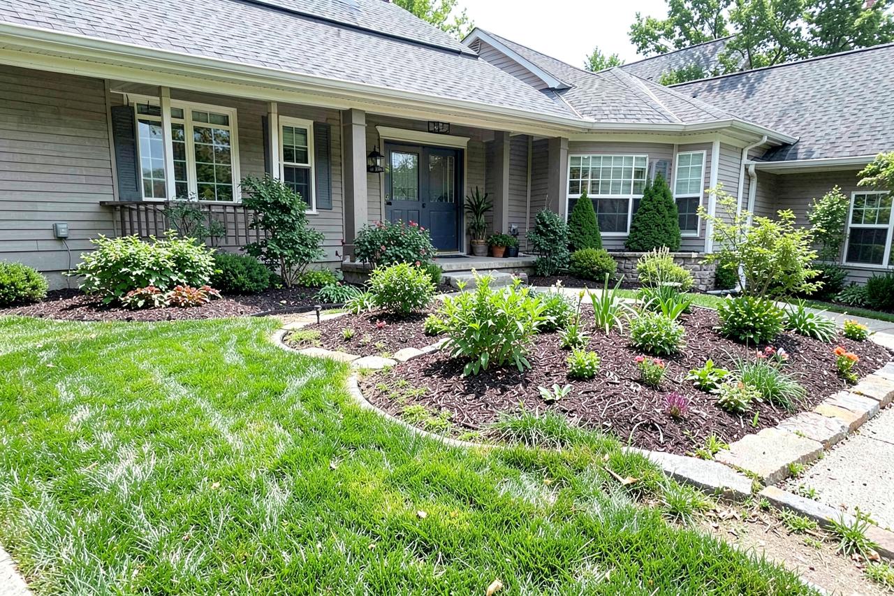 Front yard after professional landscaping with a full lawn and planted beds