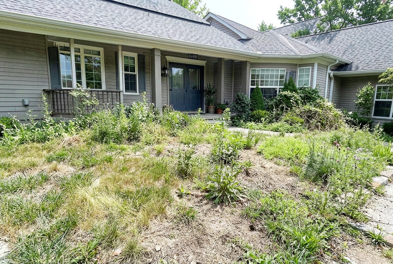 The same front yard before landscaping, with bare dirt and weeds